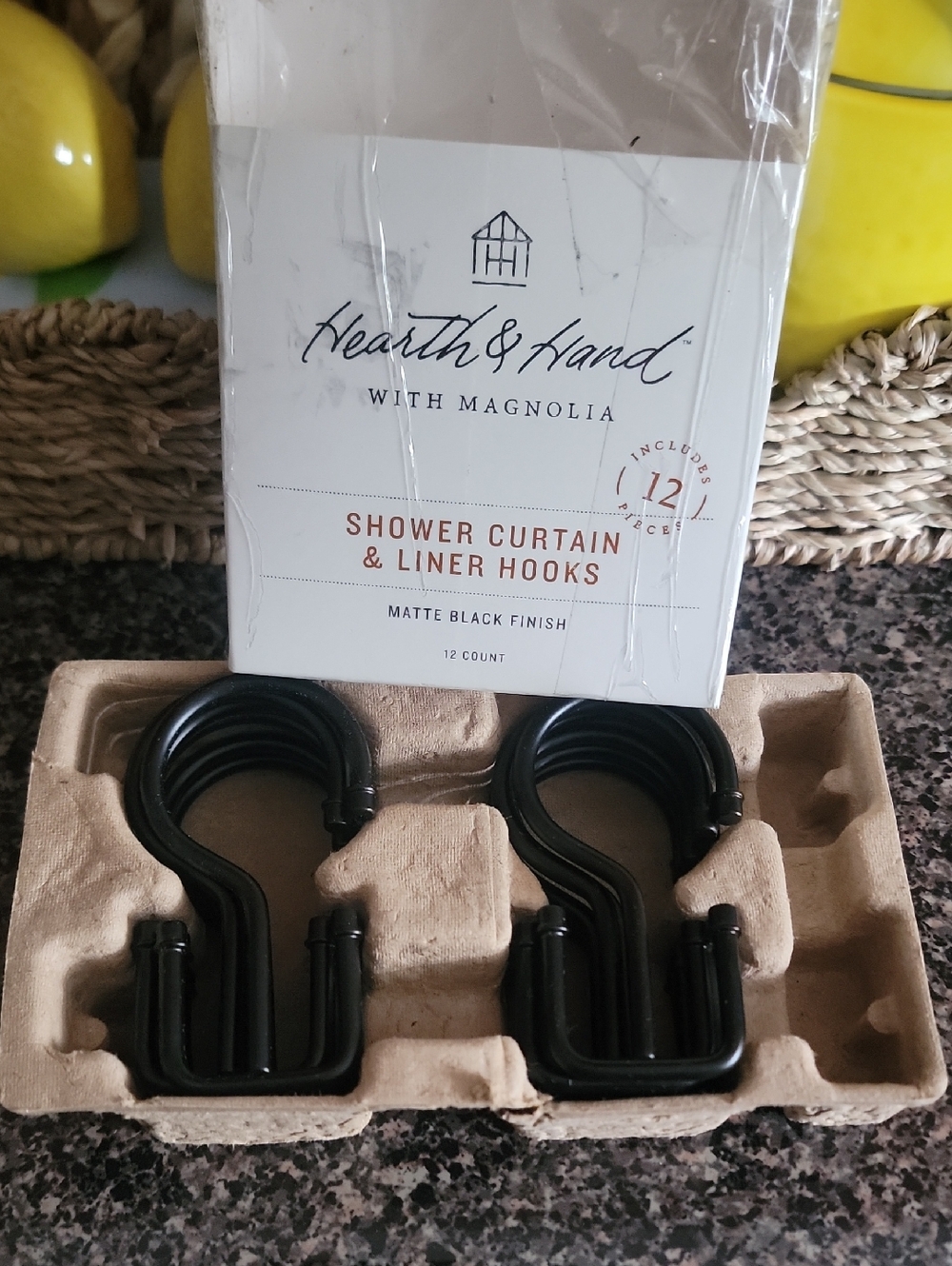 Hearth & Hand with Magnolia Matte Black Shower Curtain & Liner Hooks (12 Pack)